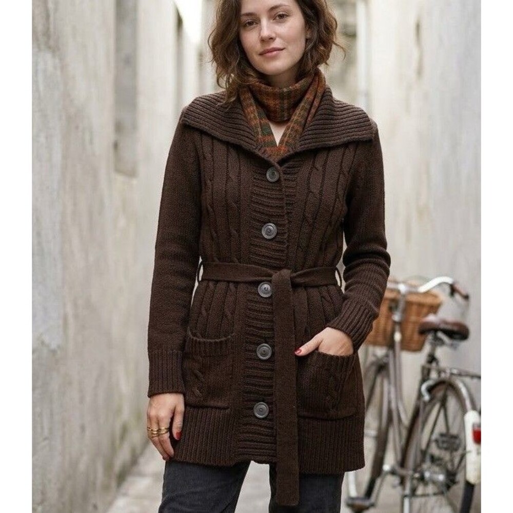 VTG Effeci Cable Knit Cardigan Sweater Belted Brown Sz S Cottagecore Whimsygoth